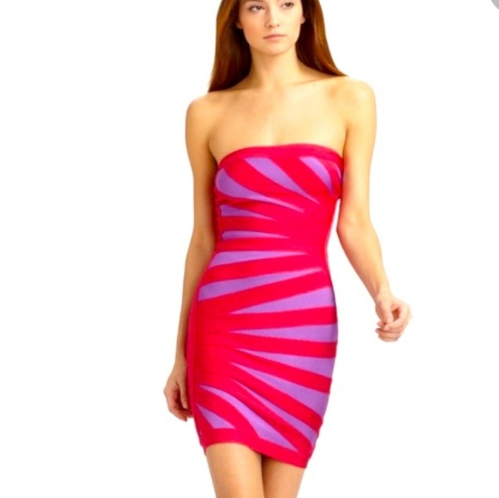 Herve Leger Bianca Bandage Strapless Pink and Purple Dress. Sz XS